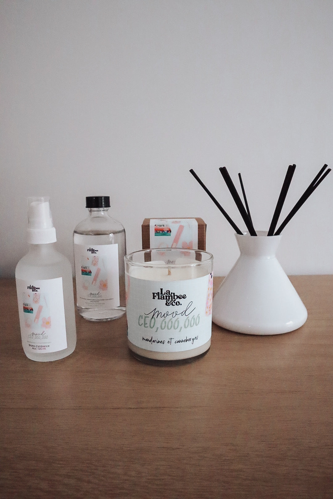 Collection complète mood ceo, bougie, diffuseur à roseaux et bruine. arfum de mandarines & canneberge