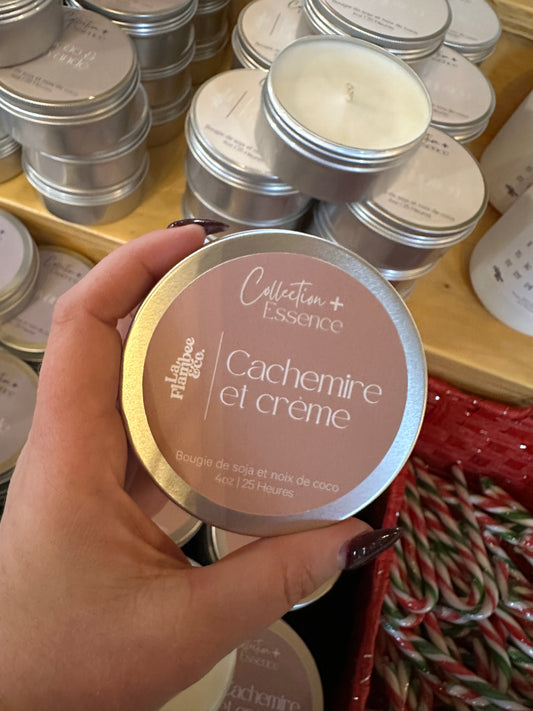 Bougie cachemire et creme, petit pot métal argenté 4 oz, bougie de soja et noix de coco.